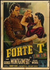 6y0521 FORT TI Italian 1p R1955 George Montgomery & girl fighting by Alfredo Capitani, ultra rare!