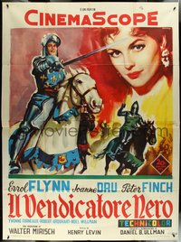 6y0186 WARRIORS Italian 2p 1959 Manno art of Errol Flynn, Joanne Dru & knights & horses, ultra rare!