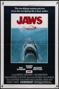 6y1169 JAWS 1sh 1975 art of Spielberg's classic man-eating shark attacking naked swimmer!