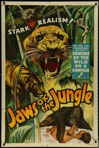 6y1172 JAWS OF THE JUNGLE 1sh 1936 orangutan & baby, tigers of Sri Lanka jungle on rampage, rare!