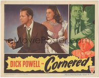 6y0737 CORNERED LC 1946 c/u of scared Micheline Cheirel standing behind Dick Powell pointing gun!