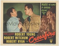 6y0741 CROSSFIRE LC #7 1947 crazy psycho GI Robert Ryan threatening Steve Brodie, noir classic!