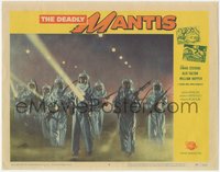 6y0748 DEADLY MANTIS LC #5 1957 cool image of soldiers in suits with guns approaching the monster!