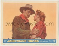 6y0796 HONDO 3D LC #3 1953 close up of concerned cowboy John Wayne holding worried Geraldine Page!