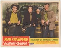 6y0821 JOHNNY GUITAR LC #3 1954 Joan Crawford, Ben Cooper & Scott Brady lined up, Nicholas Ray