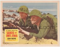 6y0866 SANDS OF IWO JIMA LC #7 1950 WWII Marine John Wayne on beach w/ gung ho soldier John Agar!