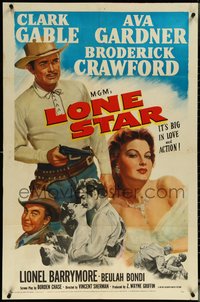 6y1187 LONE STAR 1sh 1951 artwork of Clark Gable with gun & kissing sexy Ava Gardner!