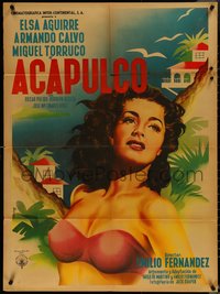 6y0376 ACAPULCO Mexican poster 1952 art of sexiest barely-dressed Elsa Aguirre by Mendoza!