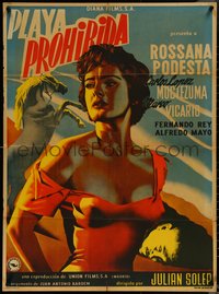 6y0388 PLAYA PROHIBIDA Mexican poster 1956 cool art of sexy Rossana Podesta and rearing horse!