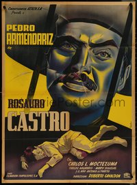 6y0389 ROSAURO CASTRO Mexican poster 1950 Vidal art of Armendariz & murder victim, rare!