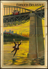 6y0049 ERBLICH BELASTET German 59x86 1913 art of man jumping from bridge, Harry Piel directed, rare!