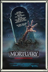 6y1218 MORTUARY 1sh 1983 Satanic cult, cool artwork of hand reaching up from grave!
