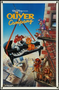 6y1234 OLIVER & COMPANY 1sh 1988 art of Walt Disney cats & dogs in New York City by Bill Morrison!