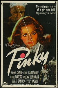 6y1250 PINKY 1sh 1949 Elia Kazan directed, Jeanne Crain, classic half-white/half-black image!