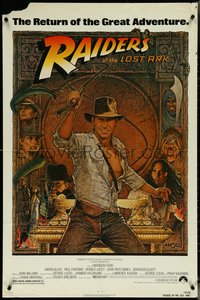 6y1263 RAIDERS OF THE LOST ARK 1sh R1982 great Richard Amsel art of adventurer Harrison Ford!