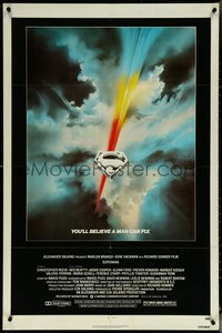 6y1323 SUPERMAN 1sh 1978 D.C. comic book superhero Christopher Reeve, cool Bob Peak logo art!