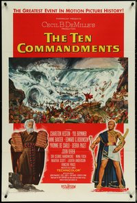 6y1338 TEN COMMANDMENTS style A 1sh 1956 DeMille classic, art of Charlton Heston & Yul Brynner!