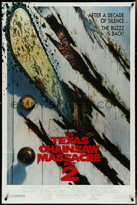 6y1340 TEXAS CHAINSAW MASSACRE PART 2 1sh 1986 Tobe Hooper horror sequel, cool Huston art!