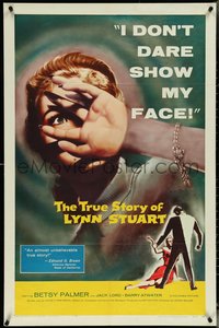 6y1356 TRUE STORY OF LYNN STUART 1sh 1958 Betsy Palmer doesn't dare show her face, cool art!