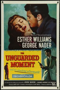 6y1359 UNGUARDED MOMENT 1sh 1956 art of Esther Williams threatened by John Saxon by Reynold Brown!