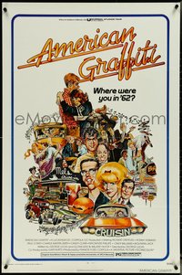 6z0293 AMERICAN GRAFFITI 1sh 1973 George Lucas teen classic, Mort Drucker montage art of cast!