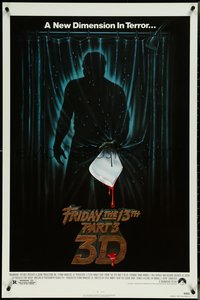 6z0386 FRIDAY THE 13th PART 3 - 3D 1sh 1982 slasher sequel, art of Jason stabbing through shower!