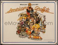 6z0845 AMERICAN GRAFFITI 1/2sh 1973 George Lucas teen classic, wacky Mort Drucker artwork of cast!