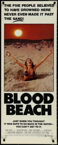 6z0637 BLOOD BEACH insert 1981 Jaws parody tagline, image of sexy girl in bikini sinking in sand!