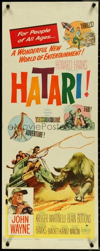 6z0654 HATARI insert 1962 Howard Hawks, artwork of John Wayne rounding up rhino in Africa!