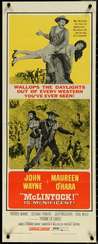 6z0686 McLINTOCK insert 1963 w/ best image of John Wayne giving Maureen O'Hara a spanking, rare!