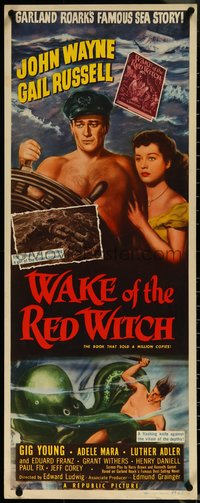 6z0730 WAKE OF THE RED WITCH insert 1949 art of barechested John Wayne & Gail Russell at sea!