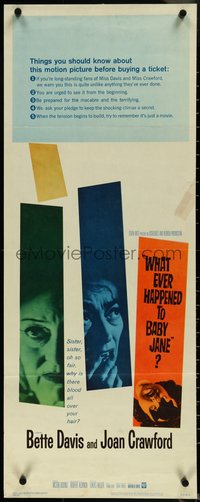 6z0732 WHAT EVER HAPPENED TO BABY JANE? insert 1962 Robert Aldrich, scariest Bette Davis & Joan Crawford!