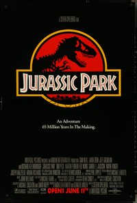 6z0429 JURASSIC PARK advance DS 1sh 1993 Steven Spielberg, logo with T-Rex over red background!