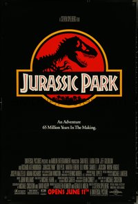 6z0430 JURASSIC PARK advance 1sh 1993 Steven Spielberg, classic logo with T-Rex over red background!