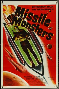 6z0459 MISSILE MONSTERS 1sh 1958 aliens bring destruction from the stratosphere, wacky sci-fi art!