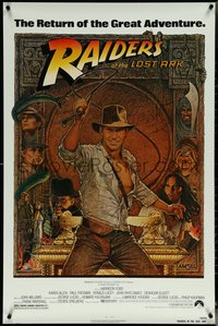 6z0375 RAIDERS OF THE LOST ARK 1sh R1982 great Richard Amsel art of adventurer Harrison Ford!