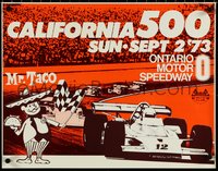 6z0796 CALIFORNIA 500 18x23 special poster 1973 Mr. Taco waving checkered flag, racing, ultra rare!