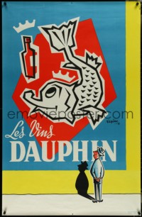 6z0009 LES VINS DAUPHIN 31x47 French advertising poster 1950s art of a man admiring fish wearing crown!