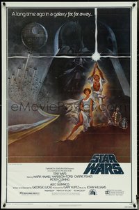 6z0525 STAR WARS style A fourth printing 1sh 1977 A New Hope, Jung art of Vader over Luke & Leia!