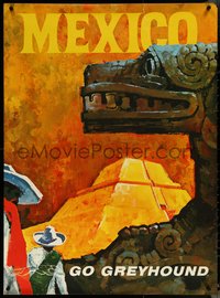 6z0001 GREYHOUND MEXICO 28x38 travel poster 1960s art of Aztec pyramid & sculpture, rare!