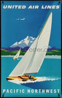 6z0095 UNITED AIR LINES PACIFIC NORTHWEST 25x40 travel poster 1950s Binder sailboat art, ultra rare!