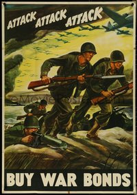 6z0003 ATTACK ATTACK ATTACK 28x40 WWII war poster 1942 cool Warren art of soldiers advancing!