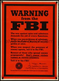 6z0905 WARNING FROM THE FBI 20x28 WWII war poster 1943 Hoover asks you to report suspicious activity!