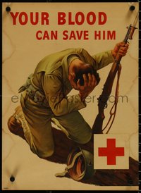 6z0907 YOUR BLOOD CAN SAVE HIM 15x20 WWII war poster 1940s Whitman wounded soldier art, ultra rare!