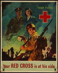 6z0908 YOUR RED CROSS IS AT HIS SIDE 22x28 WWII war poster 1943 Schlaikjer soldier art, ultra rare!