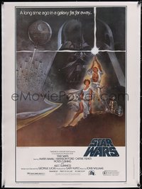 7a0327 STAR WARS linen style A 30x40 1977 George Lucas, Tom Jung art of giant Vader over Luke & Leia!
