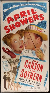 7a0276 APRIL SHOWERS linen 3sh 1948 great c/u of Jack Carson & Ann Sothern under umbrella!