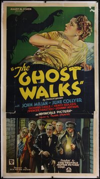 7a0280 GHOST WALKS linen 3sh 1934 art of apparition looming over scared June Collyer, ultra rare!