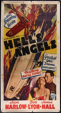 7a0283 HELL'S ANGELS linen 3sh R1939 Ben Lyon & Jean Harlow in New Streamlined Version, ultra rare!