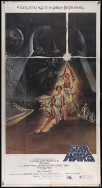 7a0090 STAR WARS 3sh 1977 George Lucas, great Tom Jung art of giant Darth Vader over Luke & Leia!